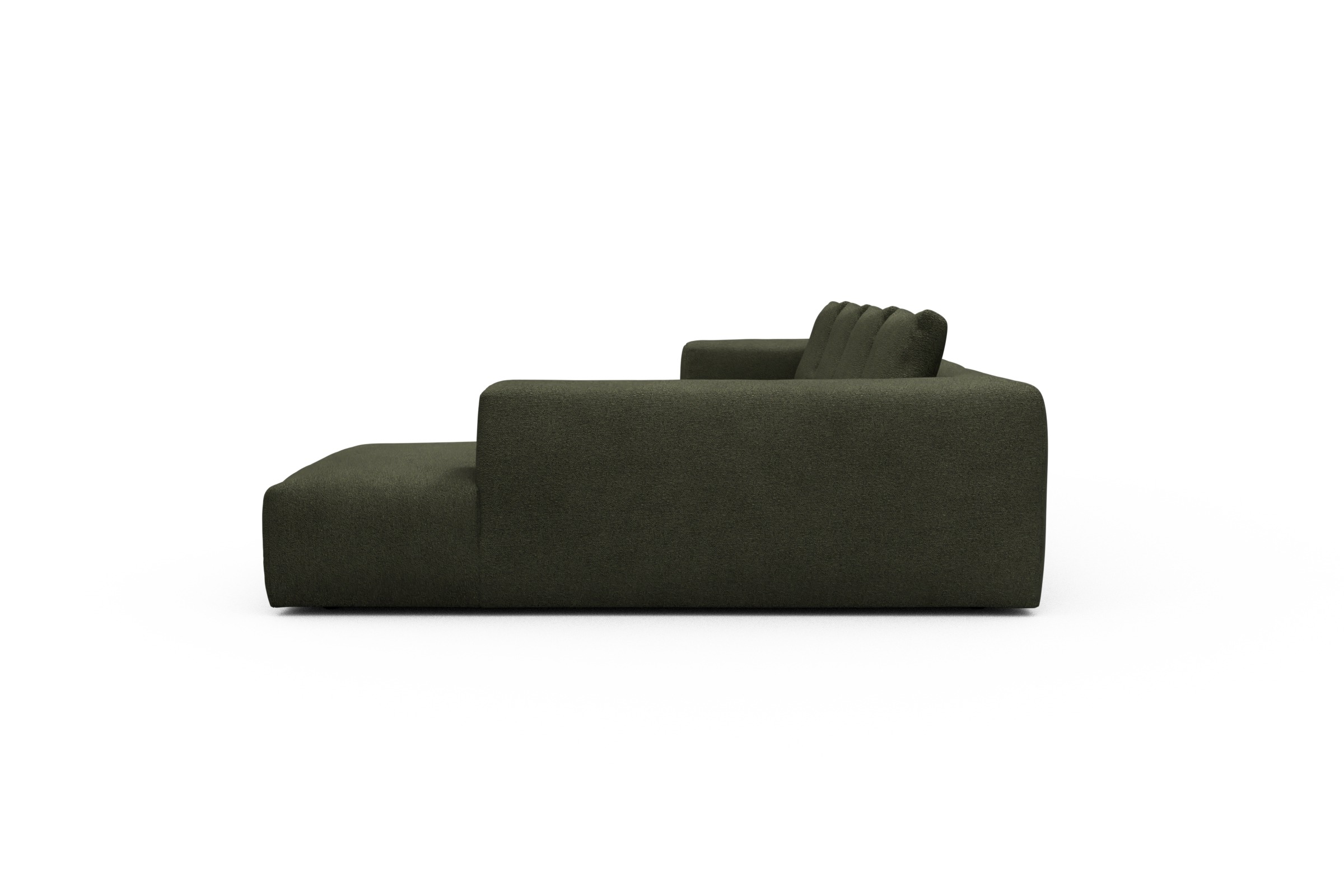 Wohnlandschaft Fred Relax-Ecke rechts mit 2-Sitzer und Chaiselongue links Boucle-Forest-Green
