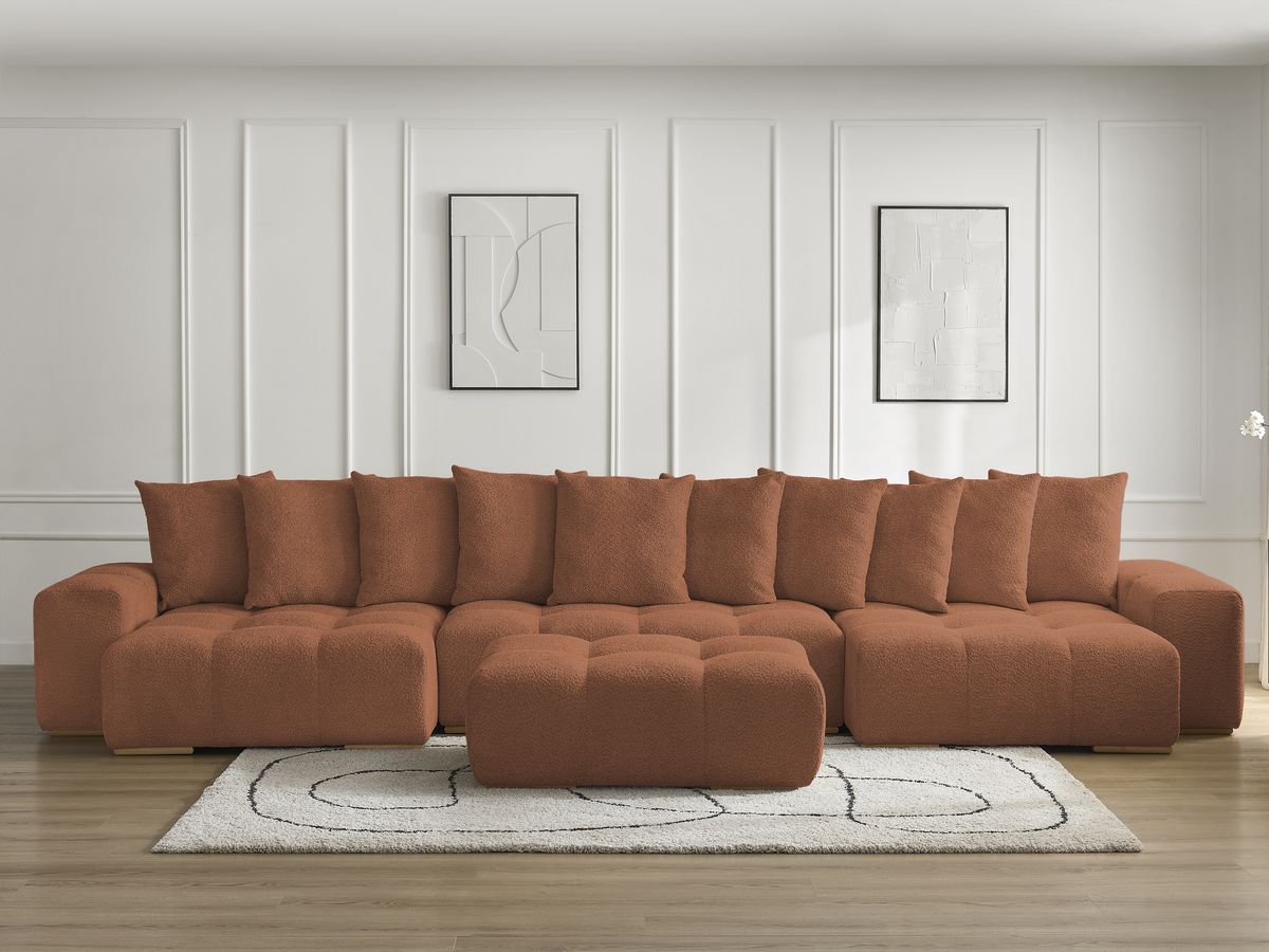 Bobochic Anakin Wohnlandschaft mit Pouf, Liegefläche 137 × 382 cm, 10 Kissen Bouclé-Stoff Orange