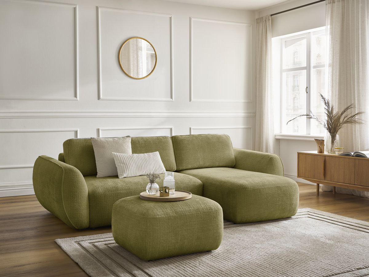 Bobochic Denise Ecksofa mit Schlaffunktion und Bettkasten und Pouf 258 × 160 cm Strukturstoff Grün Ecke rechts