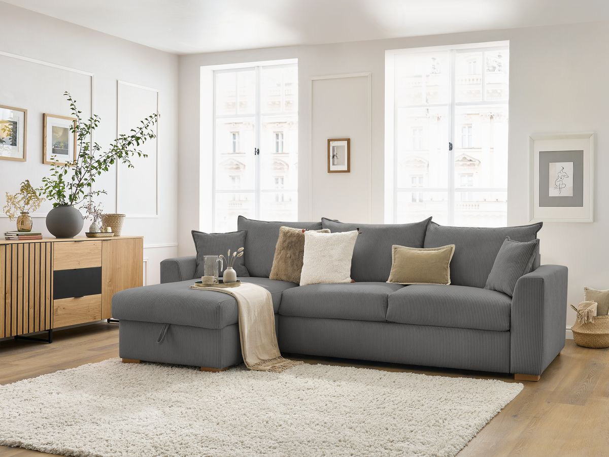 Bobochic Augustin Ecksofa mit Schlaffunktion und Bettkasten Cordsamt Dunkelgrau, Liegefläche 160 × 200 cm