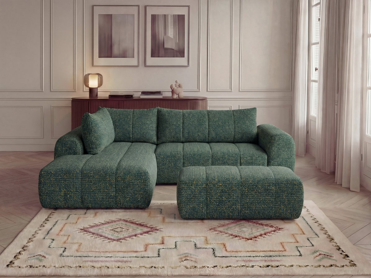 Bobochic Nesty Ecksofa in L-Form, 256 cm, mit Pouf Melange-Stoff Dunkelgrün Ecke links