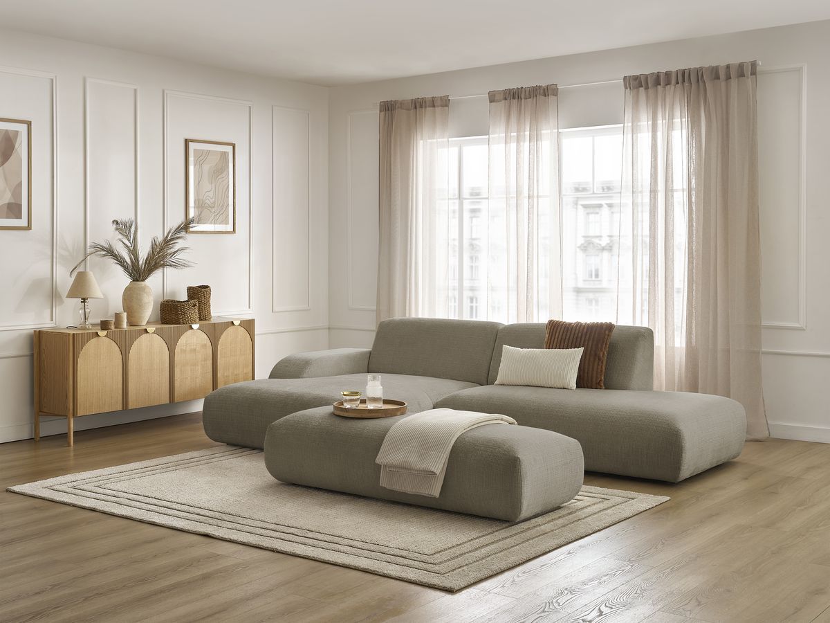 Bobochic Sirius Ecksofa mit Pouf 300 × 170 cm Strukturstoff Taupe Ecke links