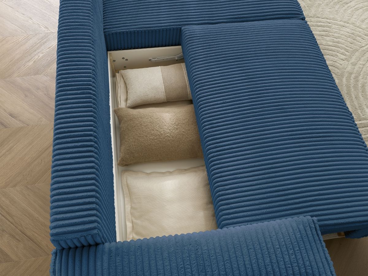 Bobochic Chelsea Ecksofa mit Schlaffunktion und Bettkasten und Pouf Breitcord weich Dunkelblau
