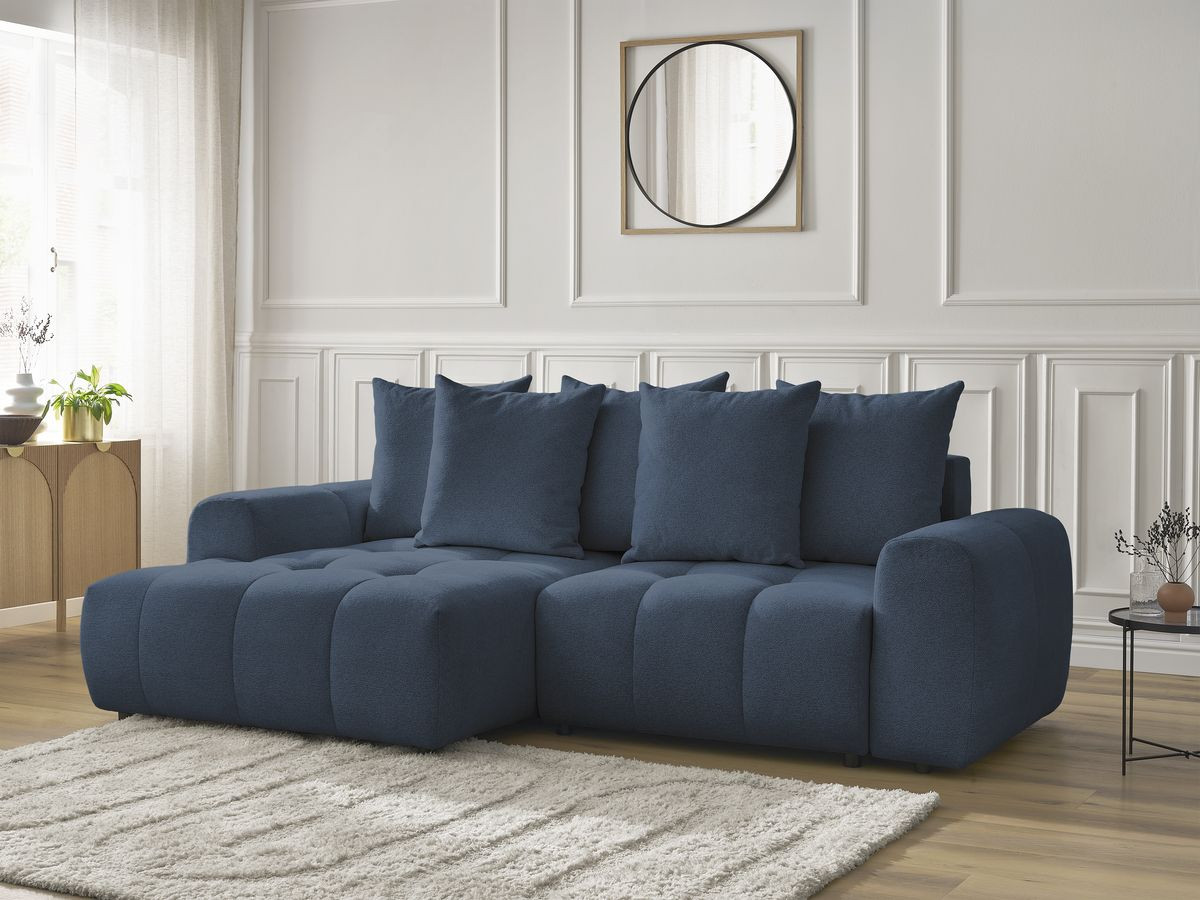 Bobochic Roxelane Ecksofa mit Schlaffunktion und Bettkasten 258 × 150 cm Melange-Stoff Dunkelblau Ecke links