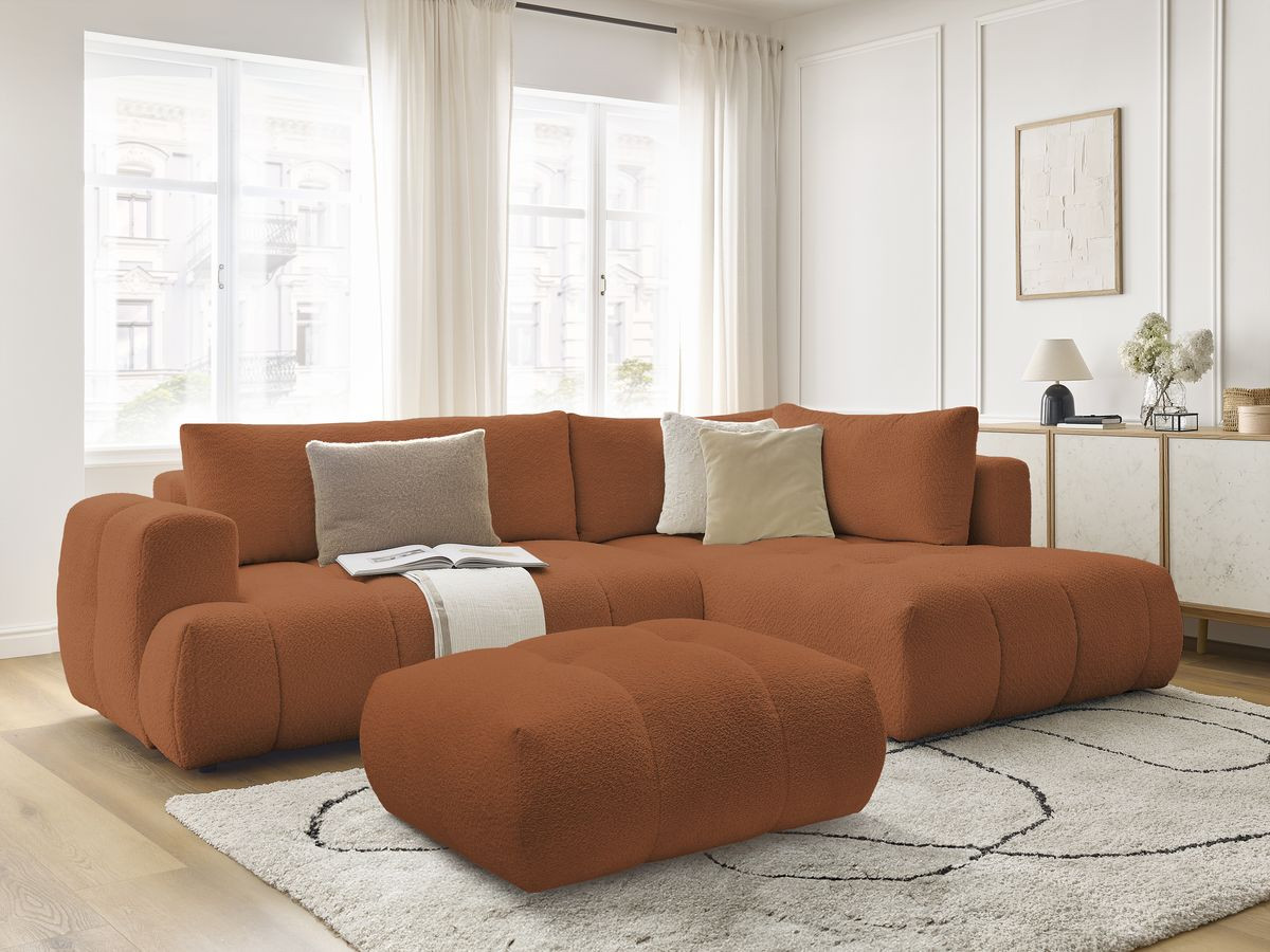Bobochic Fuji Ecksofa mit Schlaffunktion und Bettkasten und Pouf 282 × 204 cm Bouclé-Stoff Orange Ecke rechts