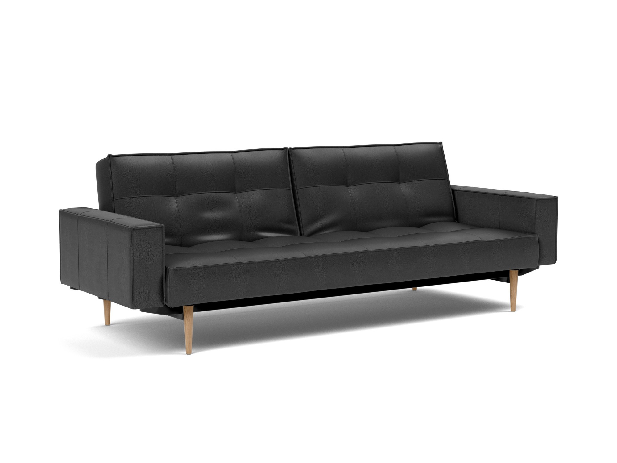 Schlafsofa Splitback mit Armlehnen Lederoptik Faunal 550-Black Beine Styletto Eiche hell