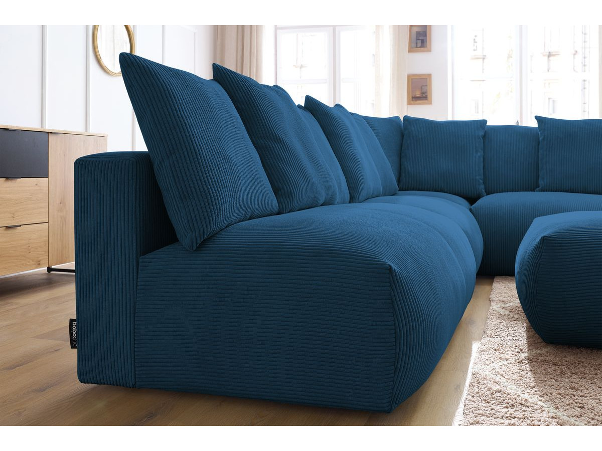 Bobochic Voltaire Ecksofa mit Pouf 322 × 268 cm Cordsamt Dunkelblau Ecke rechts