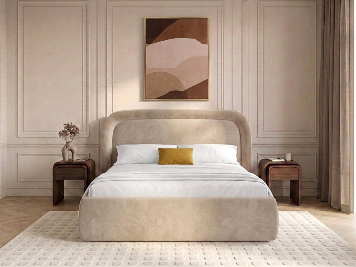 Bobochic Sam Polsterbett mit Bettkasten Samt Beige, Liegefläche 140 × 190 cm