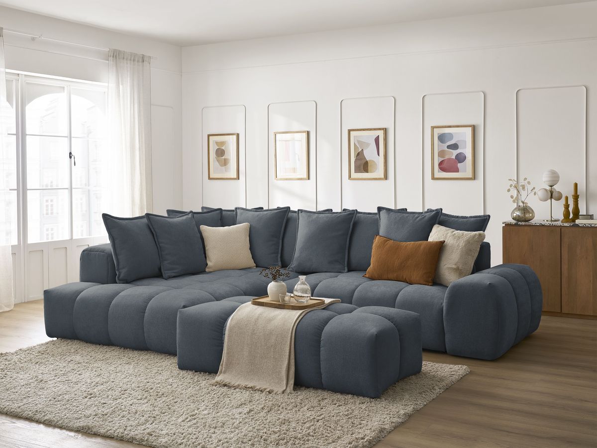 Bobochic Everest Ecksofa mit Schlaffunktion und Bettkasten und Pouf 320 × 212 cm, 10 Kissen Strukturstoff Dunkelblau Ecke links