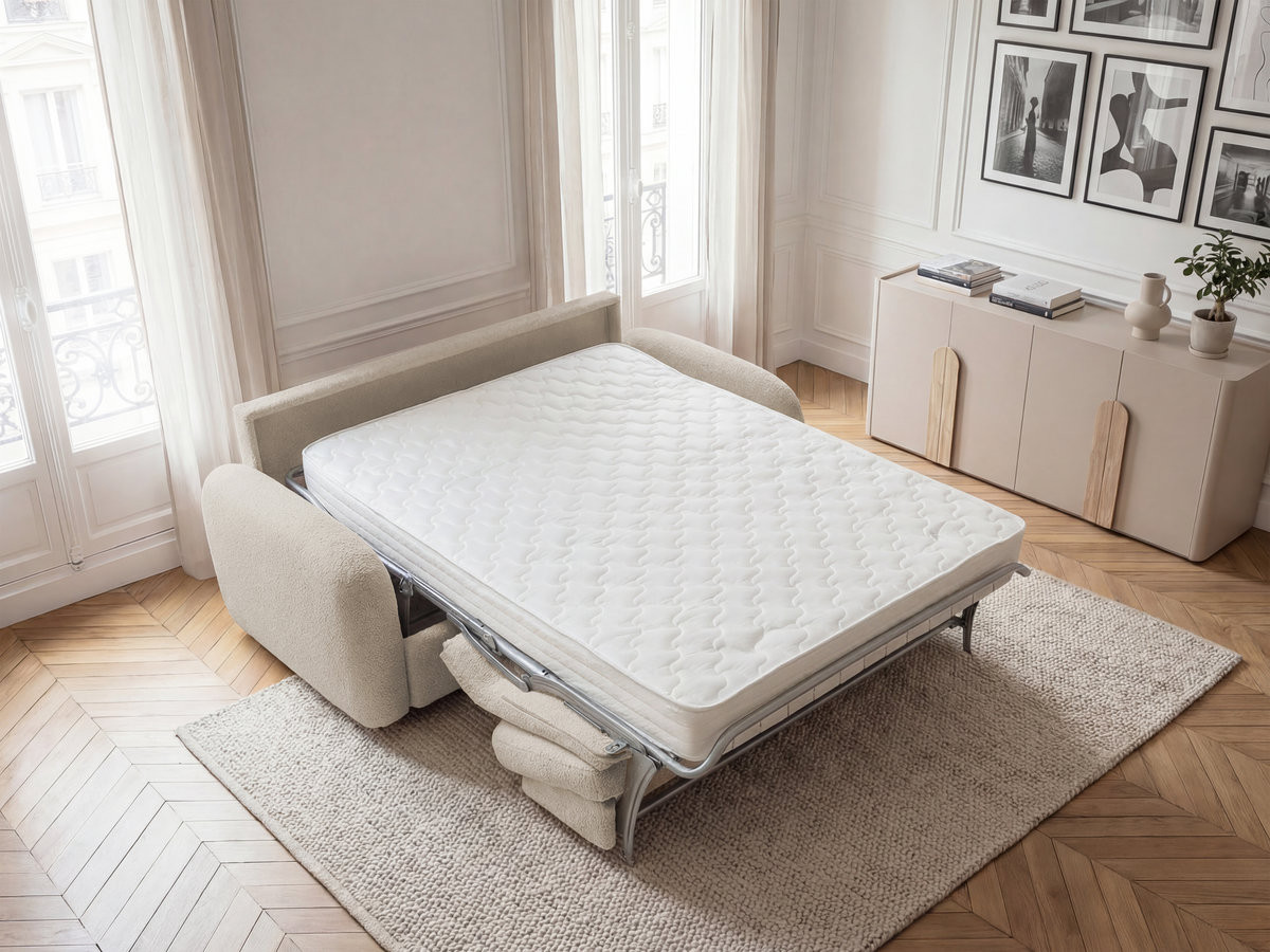 Bobochic Kenan Schlafsofa 3-Sitzer Bouclé-Stoff Beige, Liegefläche 140 × 196 cm