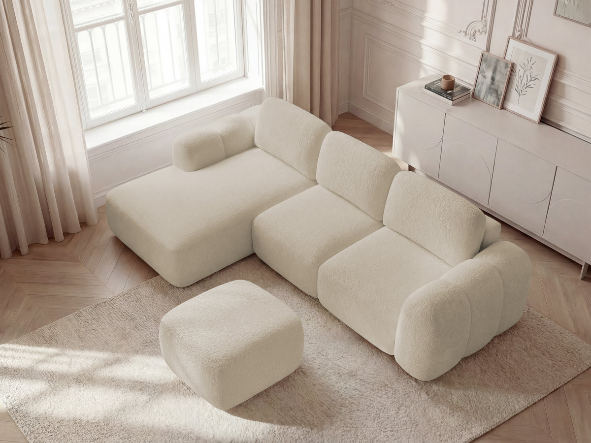 Bobochic Montaigne Ecksofa mit Schlaffunktion und Bettkasten und Pouf 276 × 164 cm Bouclé-Stoff Beige Ecke links