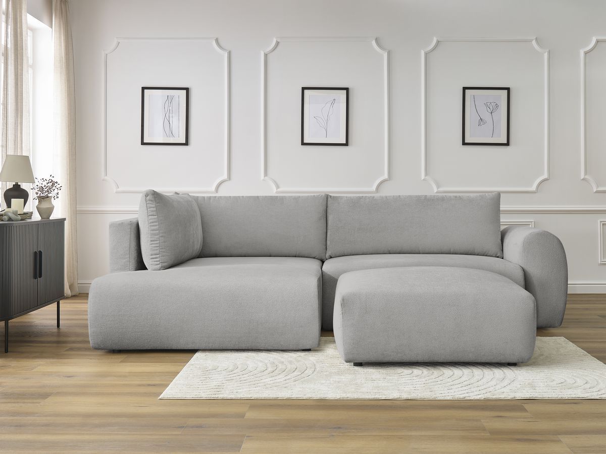 Bobochic Lucien Ecksofa mit Schlaffunktion und Bettkasten und Pouf 296 × 198 cm Stoff Hellgrau Ecke links