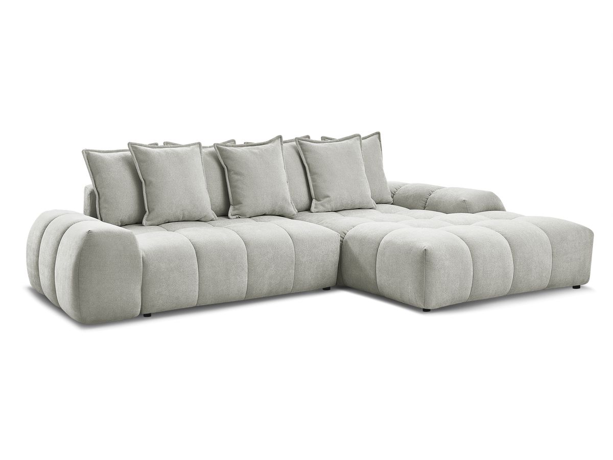 Bobochic Everest Ecksofa mit Schlaffunktion und Bettkasten 318 × 180 cm, 7 Kissen Strukturstoff Hellgrau Ecke rechts