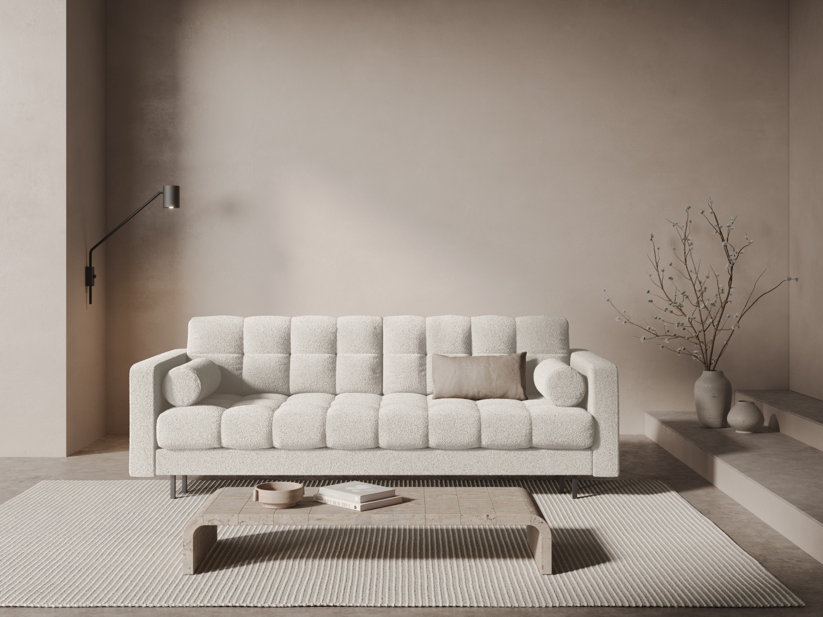 Cosmopolitan Design Schlafsofa Bali 3-Sitzer mit Bettkasten Boucle Baloo Weiß