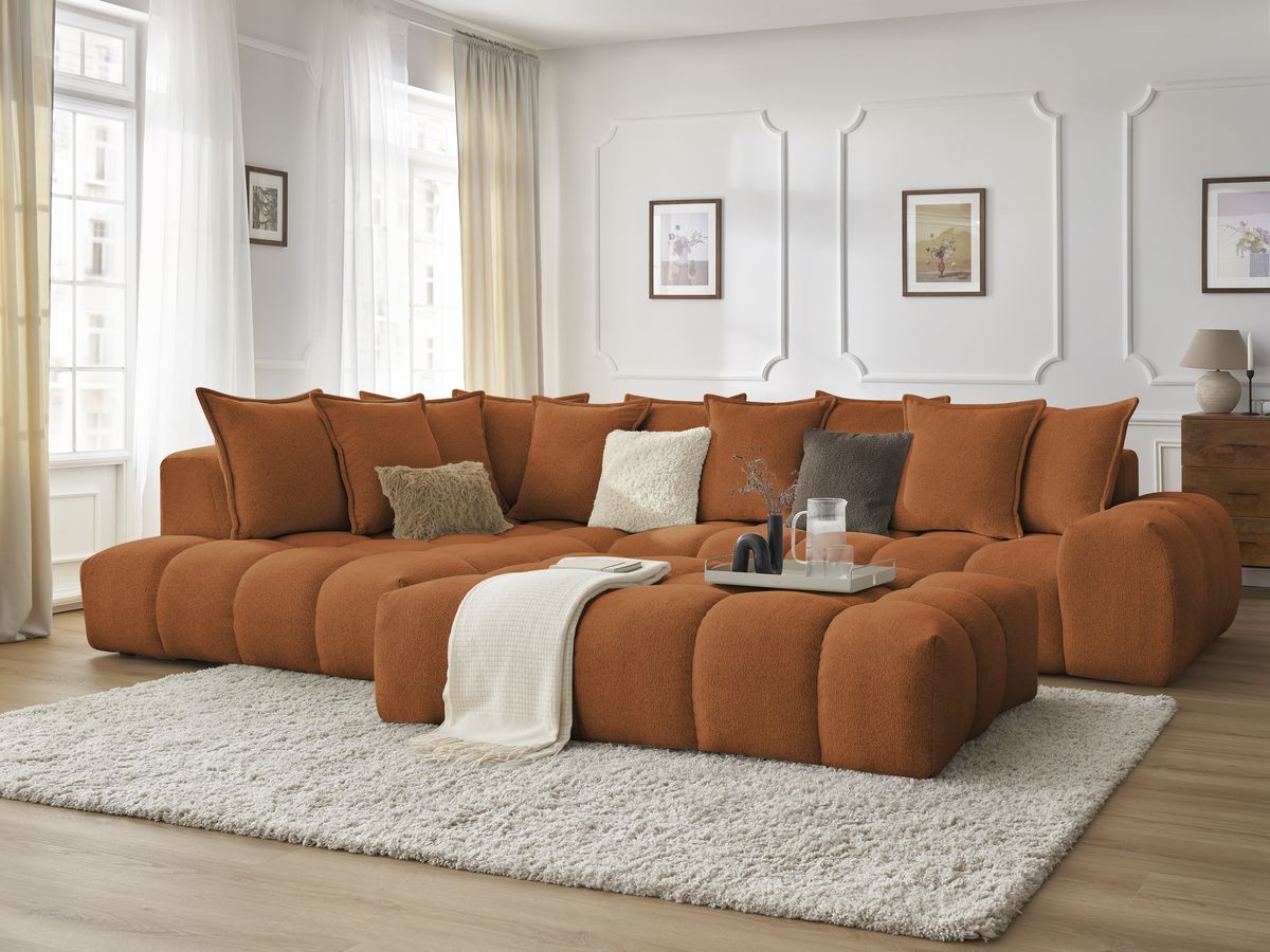Bobochic Everest Ecksofa mit Schlaffunktion und Pouf, 10 Kissen Melange-Stoff Orange Ecke links