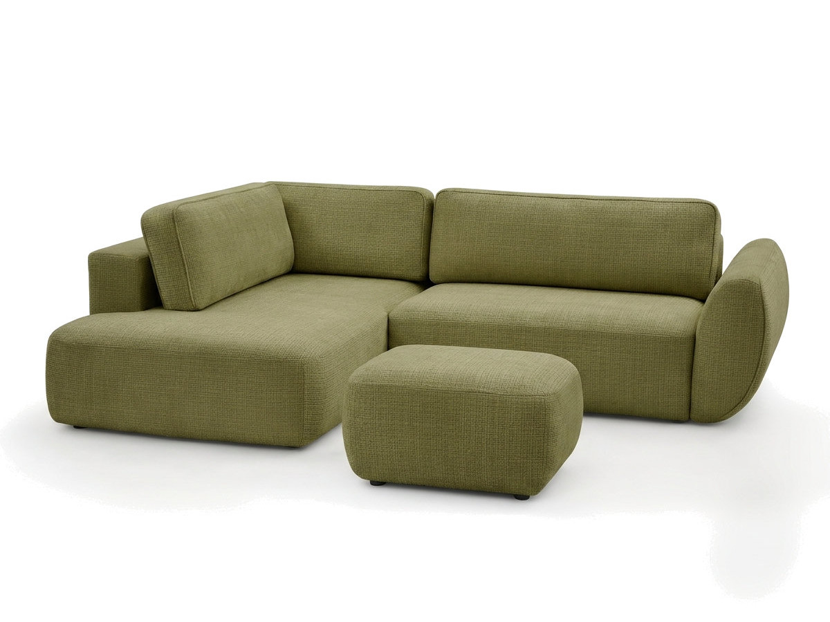 Bobochic Denise Ecksofa mit Schlaffunktion und Bettkasten und Pouf 256 × 197 cm Strukturstoff Grün Ecke links