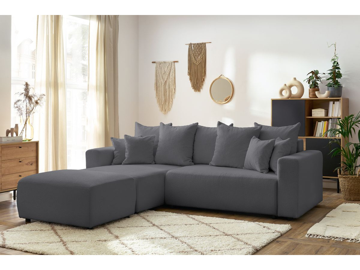 Bobochic Envy Ecksofa mit Schlaffunktion und Bettkasten und rechteckigem Pouf Bouclé-Stoff Dunkelgrau