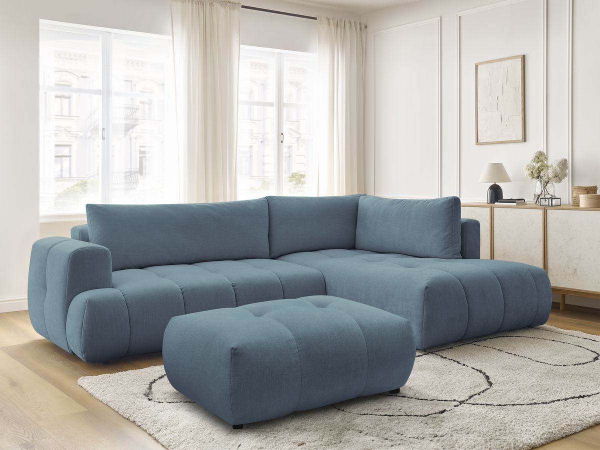 Bobochic Fuji Ecksofa mit Schlaffunktion und Bettkasten und Pouf 282 × 204 cm Stoff Hellblau Ecke rechts