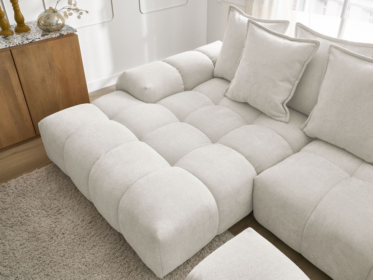 Bobochic Everest Ecksofa mit Schlaffunktion und Bettkasten und Pouf 318 × 180 cm, 7 Kissen Strukturstoff Weiß Ecke links