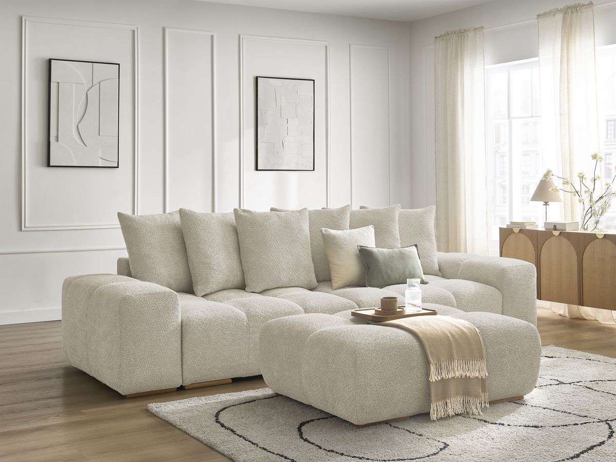 Bobochic Anakin Sofa 3-Sitzer mit Pouf, 6 Kissen Bouclé-Stoff Beige