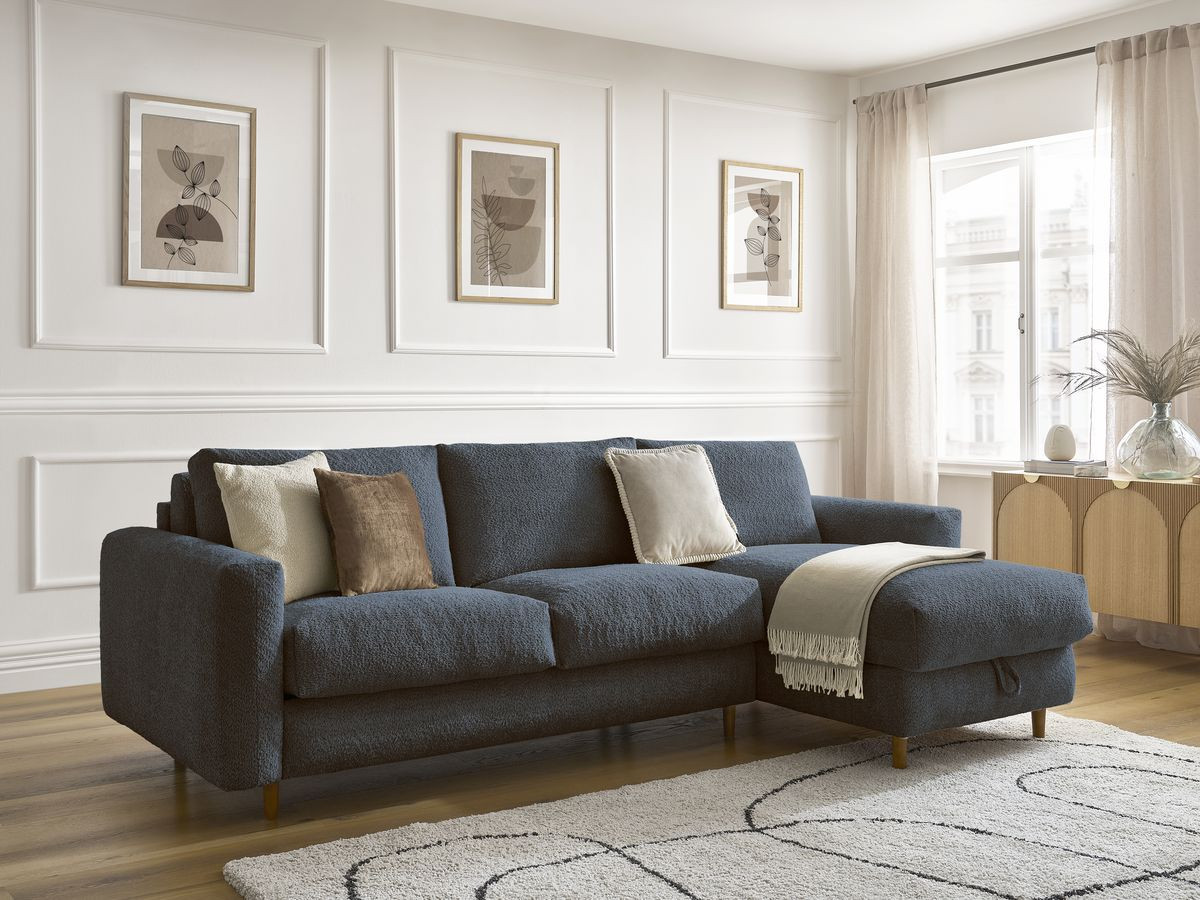 Bobochic Cocoone Ecksofa mit Schlaffunktion und Bettkasten Bouclé-Stoff Dunkelblau, Liegefläche 160 × 200 cm