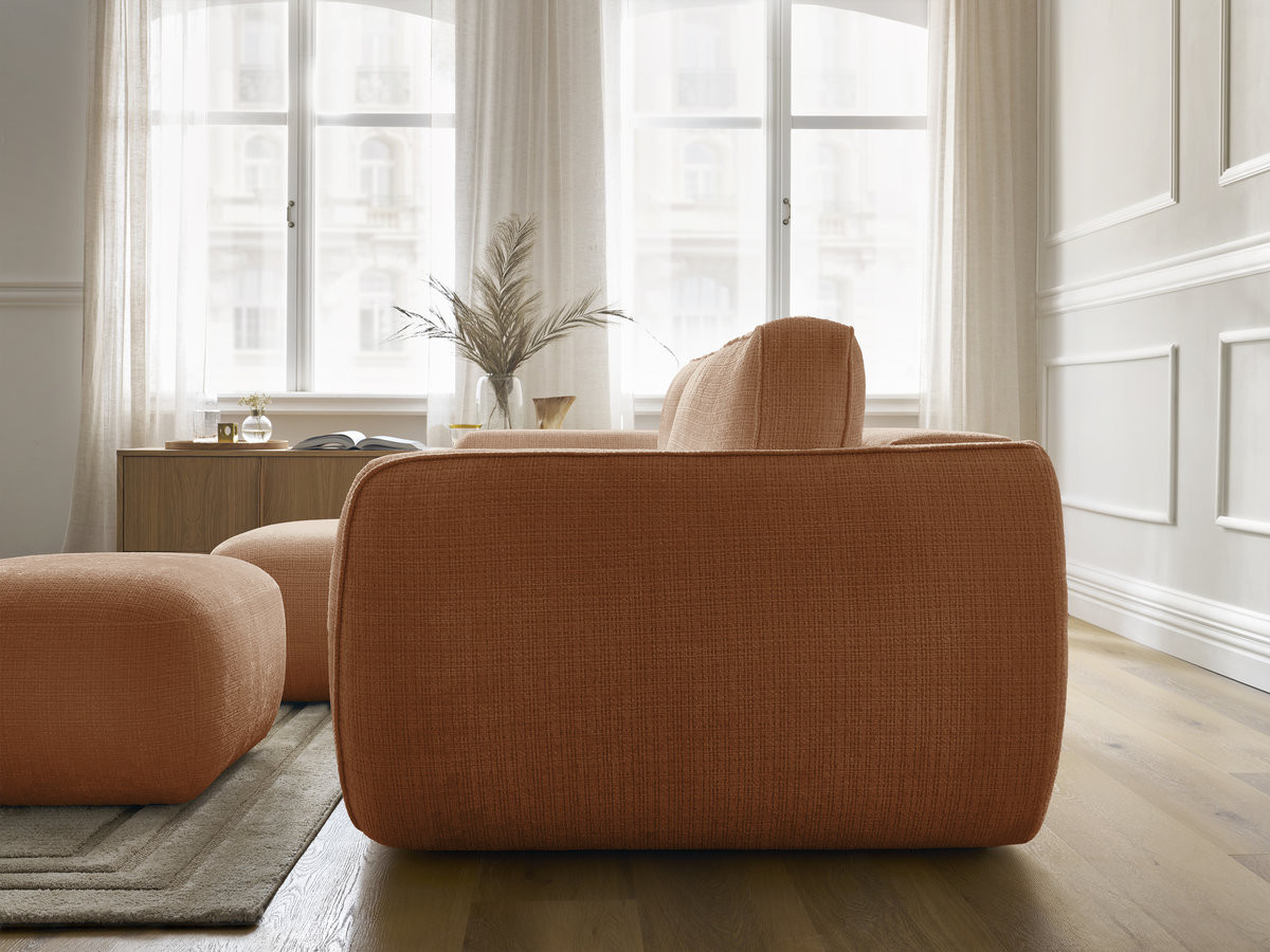 Bobochic Denise Ecksofa mit Schlaffunktion und Bettkasten und Pouf 258 × 160 cm Strukturstoff Orange Ecke links