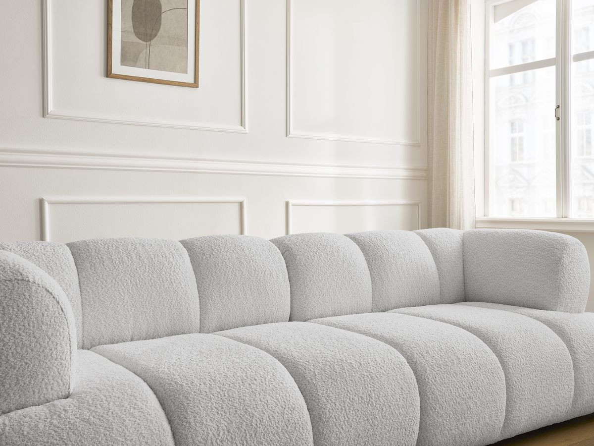 Bobochic Pamira Sofa 3-Sitzer mit Pouf Bouclé-Stoff Hellgrau