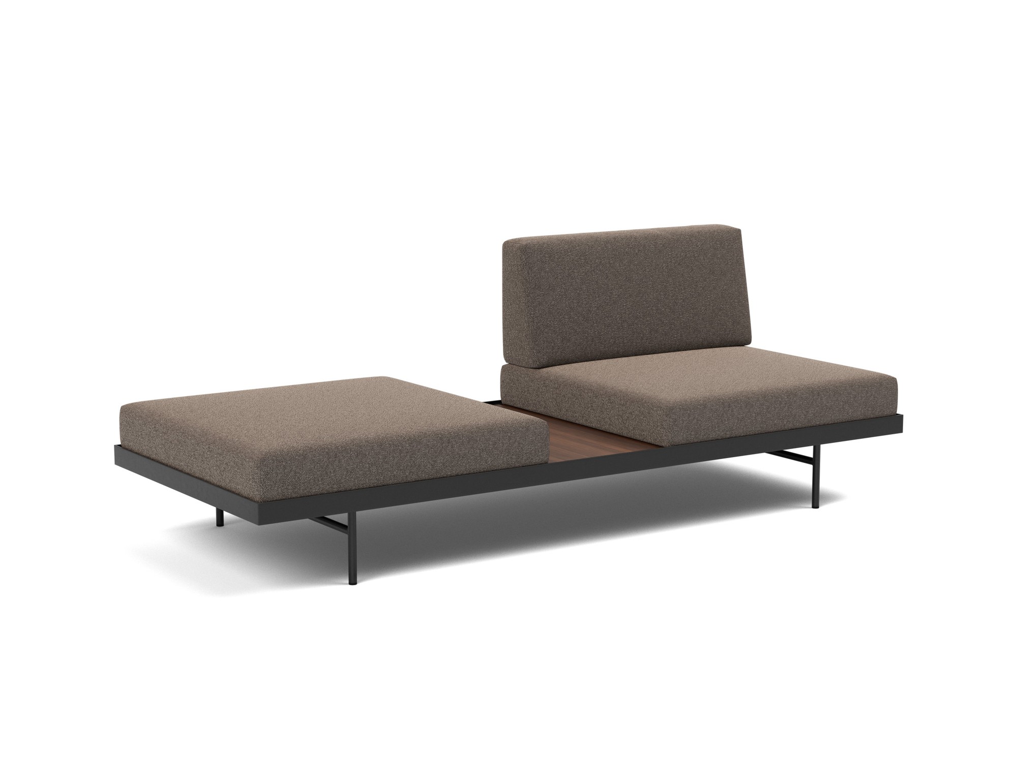 Tagesbett Puri Boucle Skandi 530-Taupe Beine mit Nussbaumtisch