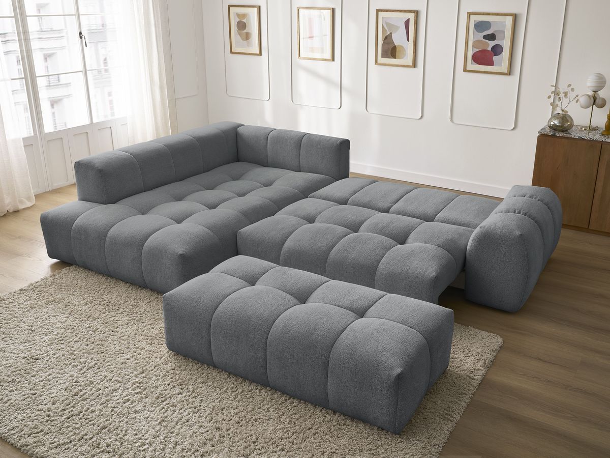 Bobochic Everest Ecksofa mit Schlaffunktion und Bettkasten und Pouf 320 × 212 cm, 5 Kissen Melange-Stoff Dunkelgrau Ecke links