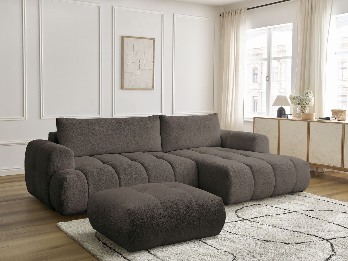 Bobochic Fuji Ecksofa mit Schlaffunktion und Bettkasten und Pouf 292 × 160 cm Bouclé-Stoff Braun Ecke rechts