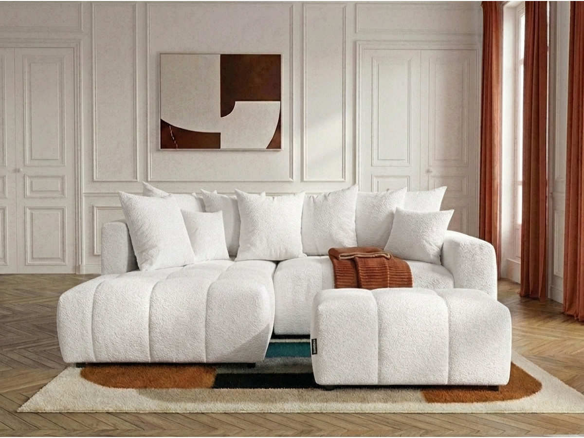 Bobochic Roxelane Ecksofa mit Schlaffunktion und Bettkasten und Pouf Bouclé-Stoff Weiß Ecke links