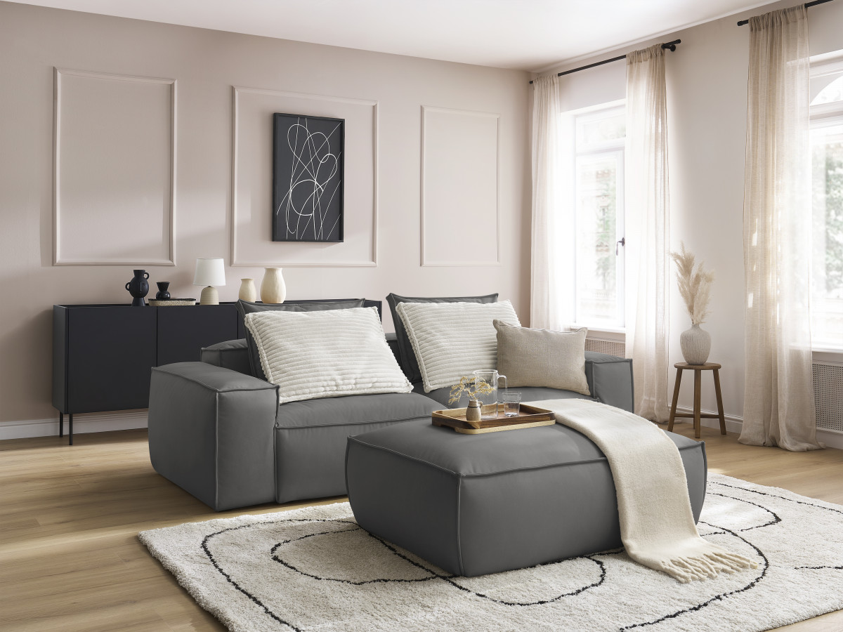 Bobochic Boheme Sofa 4-Sitzer mit Pouf Kunstleder Dunkelgrau