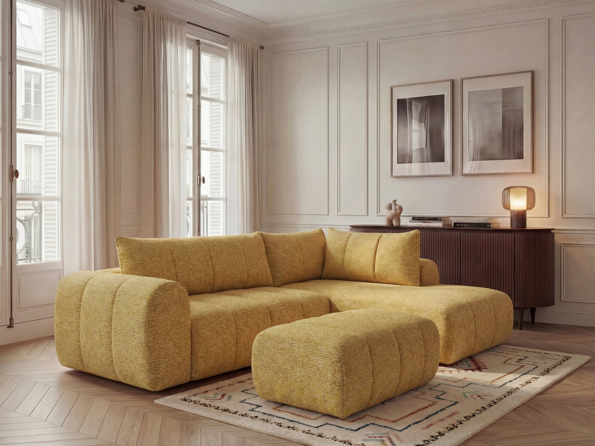 Bobochic Nesty Ecksofa in L-Form, 256 cm, mit Pouf Melange-Stoff Gelb Ecke rechts
