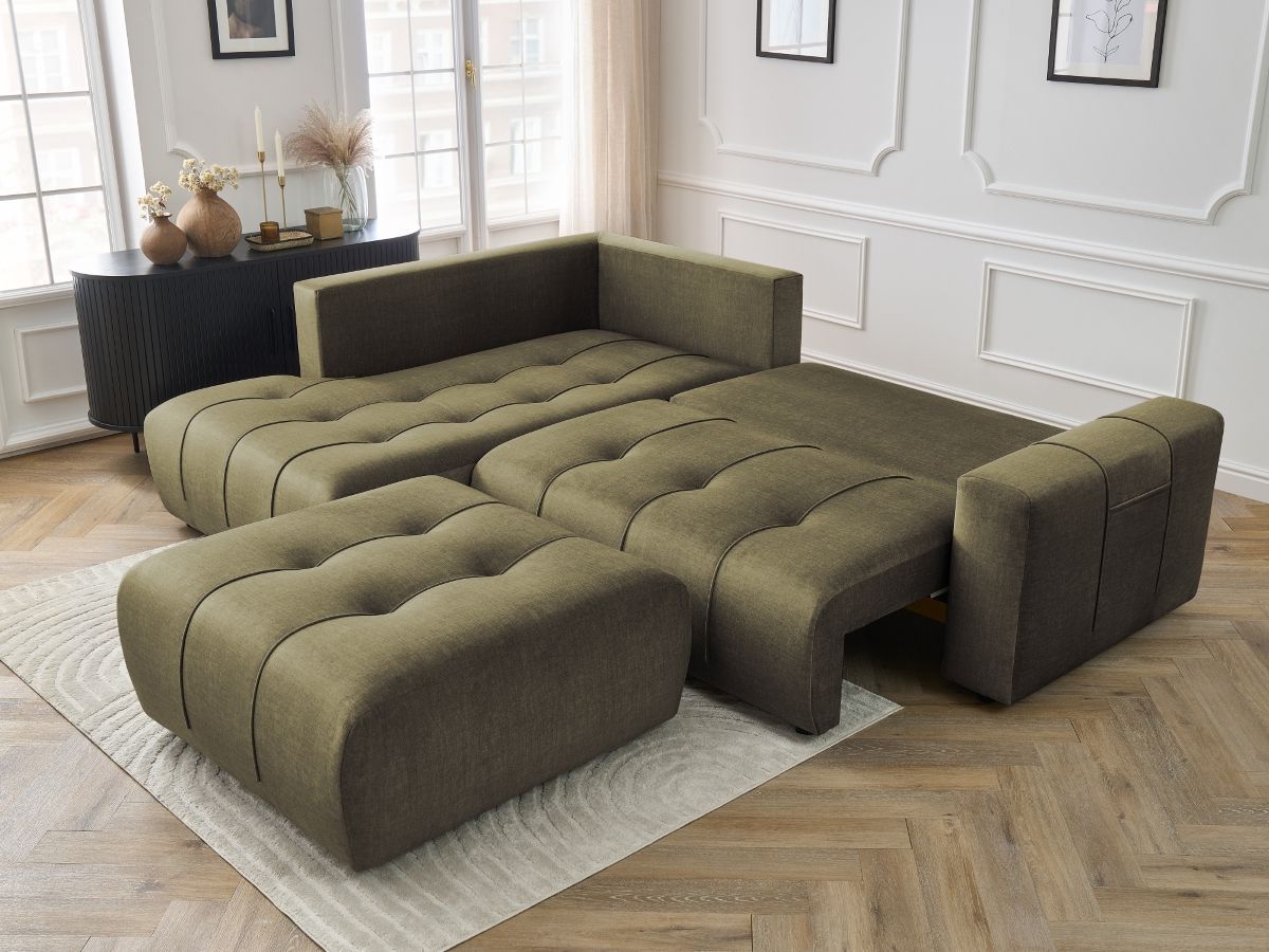 Bobochic Arsene Ecksofa mit Schlaffunktion und Bettkasten und Pouf 277 × 200 cm Samt Grün Ecke links