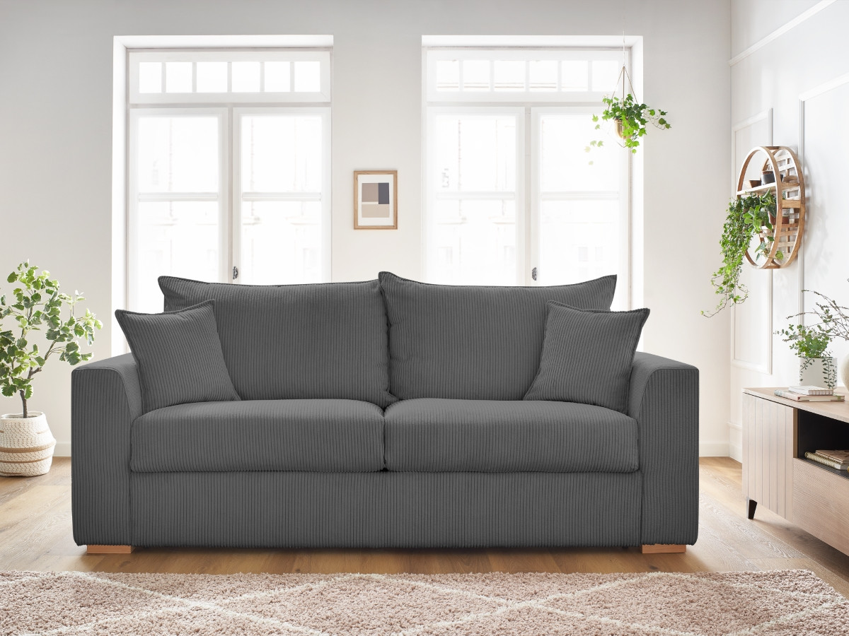 Bobochic Augustin Schlafsofa 3-Sitzer Cordsamt Dunkelgrau, Liegefläche 140 × 200 cm