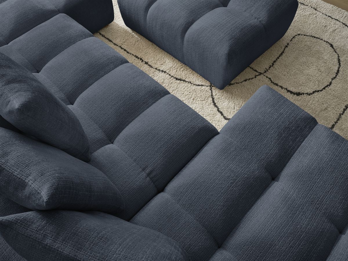 Bobochic Anakin Wohnlandschaft mit Pouf, Liegefläche 137 × 382 cm, 10 Kissen Strukturstoff Dunkelblau