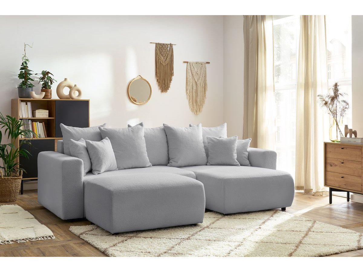 Bobochic Envy Ecksofa mit Schlaffunktion und Bettkasten und rechteckigem Pouf Bouclé-Stoff Hellgrau