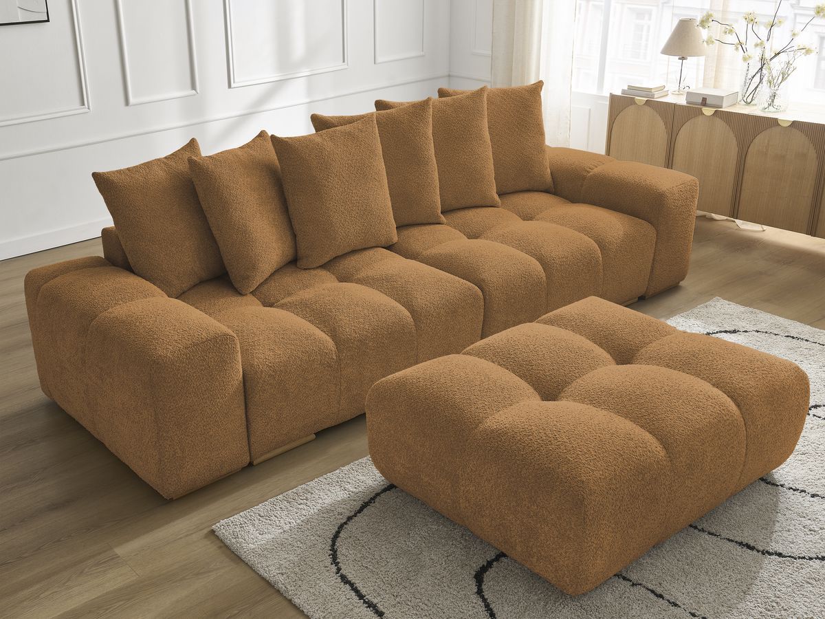 Bobochic Anakin Sofa 3-Sitzer mit Pouf, 6 Kissen Bouclé-Stoff Gelb