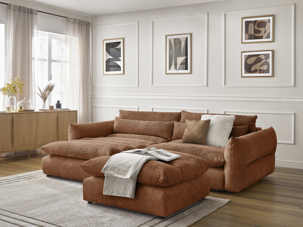 Bobochic Neil Ecksofa mit Pouf Strukturstoff Orange Ecke links