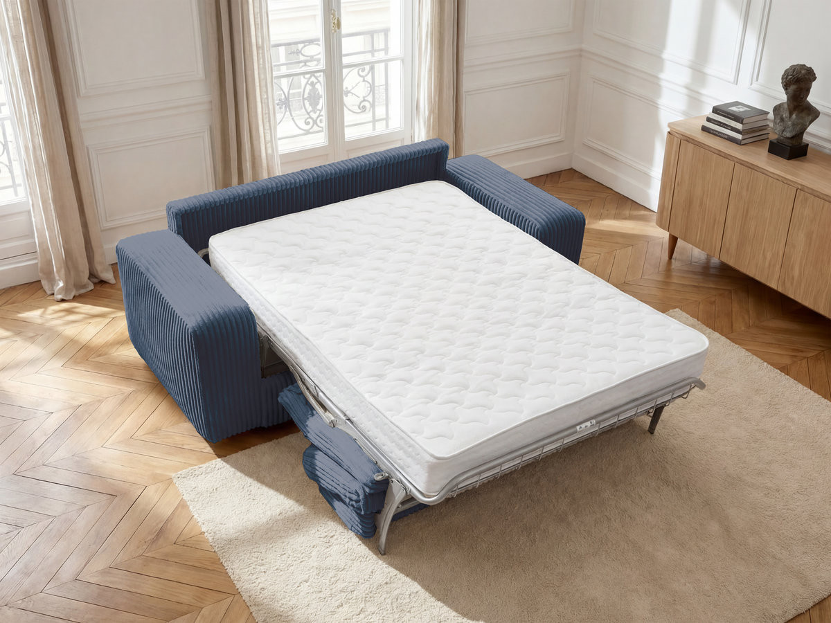 Bobochic Ibiza Schlafsofa 3-Sitzer Cordsamt Dunkelblau, Liegefläche 140 × 196 cm
