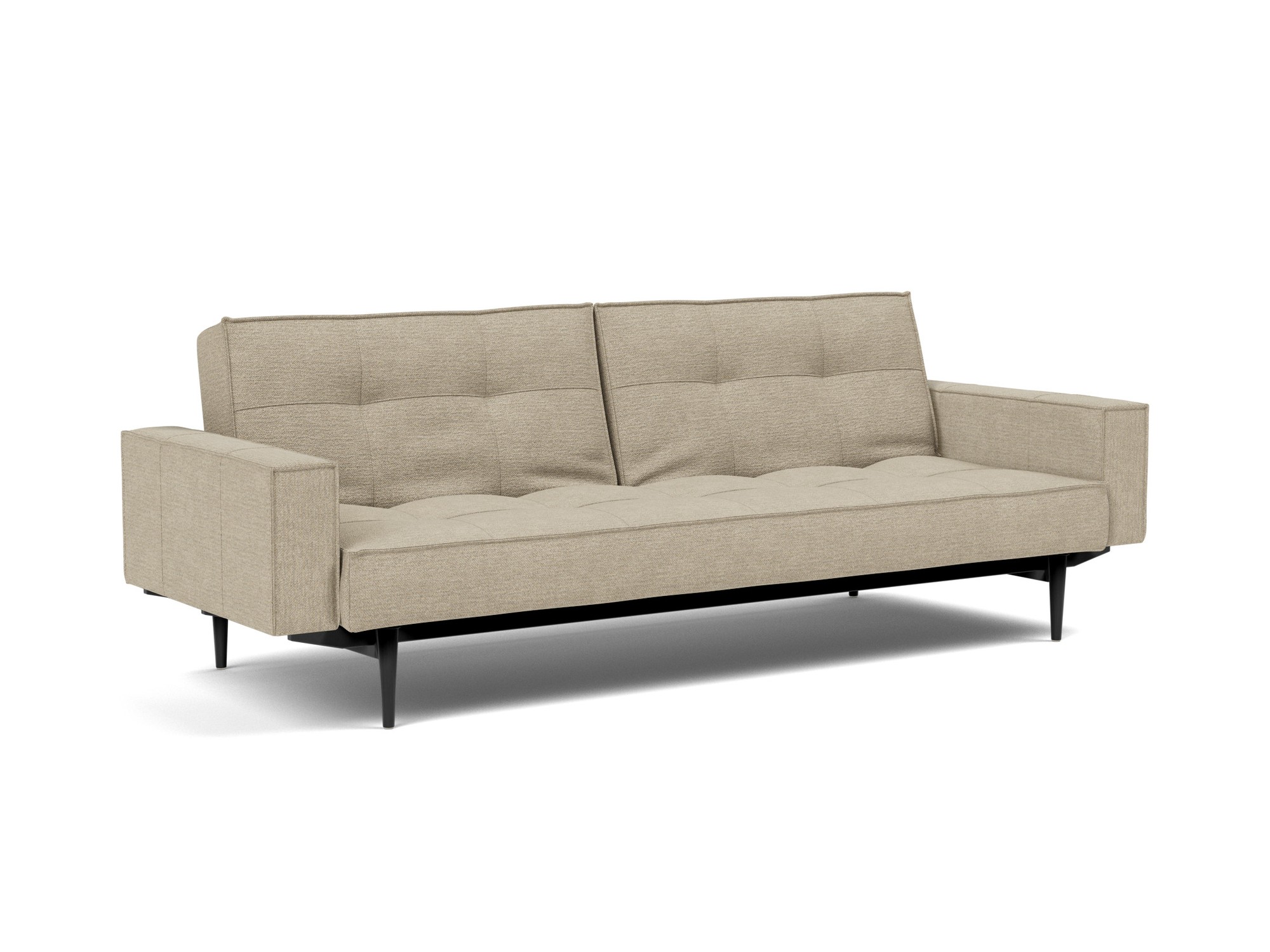 Schlafsofa Splitback mit Armlehnen Strukturierter Stoff Taura 356-Sand Beine Styletto Eiche schwarz