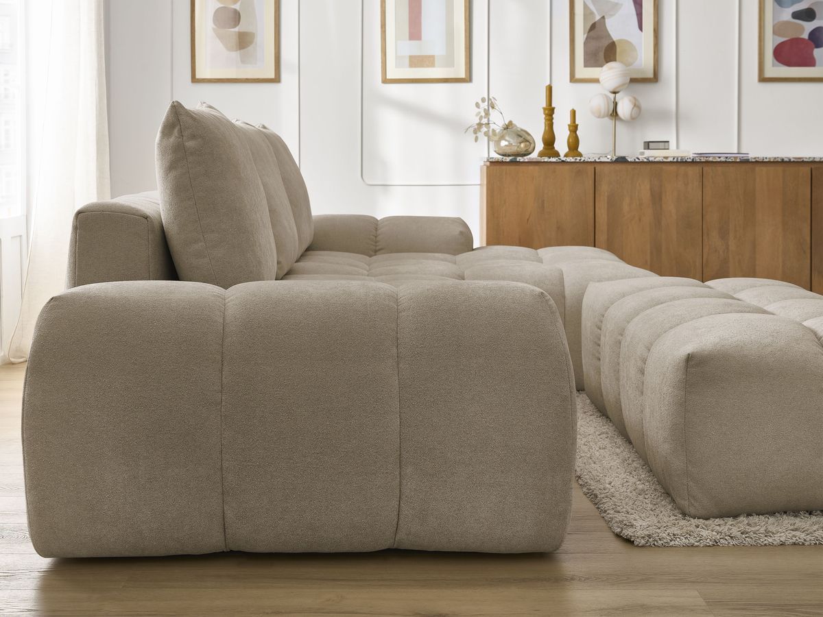 Bobochic Everest Ecksofa mit Schlaffunktion und Bettkasten und Pouf 318 × 180 cm, 3 Kissen Strukturstoff Taupe Ecke rechts