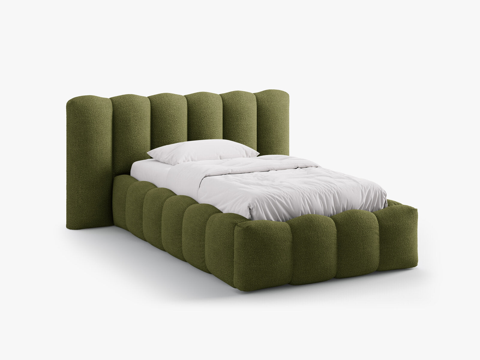 Micadoni Stauraumbett mit Kopfteil Lupine Boucle Baloo Dunkel-Olivgrün 90x200