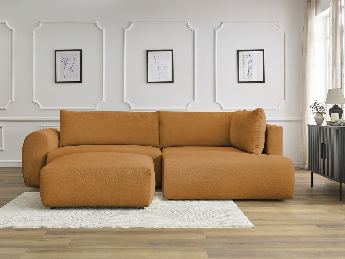 Bobochic Lucien Ecksofa mit Schlaffunktion und Bettkasten und Pouf 296 × 198 cm Stoff Gelb Ecke rechts