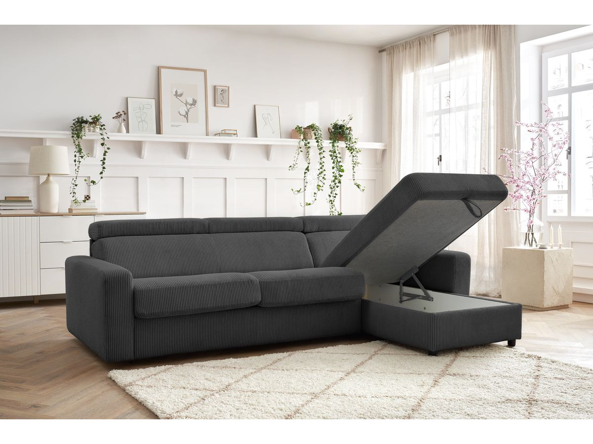 Bobochic Monaco Ecksofa mit Schlaffunktion und Bettkasten Cordsamt Dunkelgrau, Liegefläche 140 × 190 cm