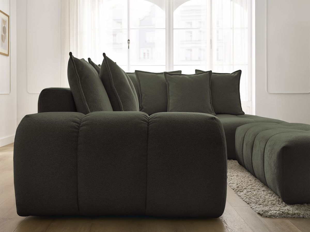 Bobochic Everest Ecksofa mit Schlaffunktion und Bettkasten und Pouf 320 × 212 cm, 10 Kissen Melange-Stoff Grün Ecke rechts