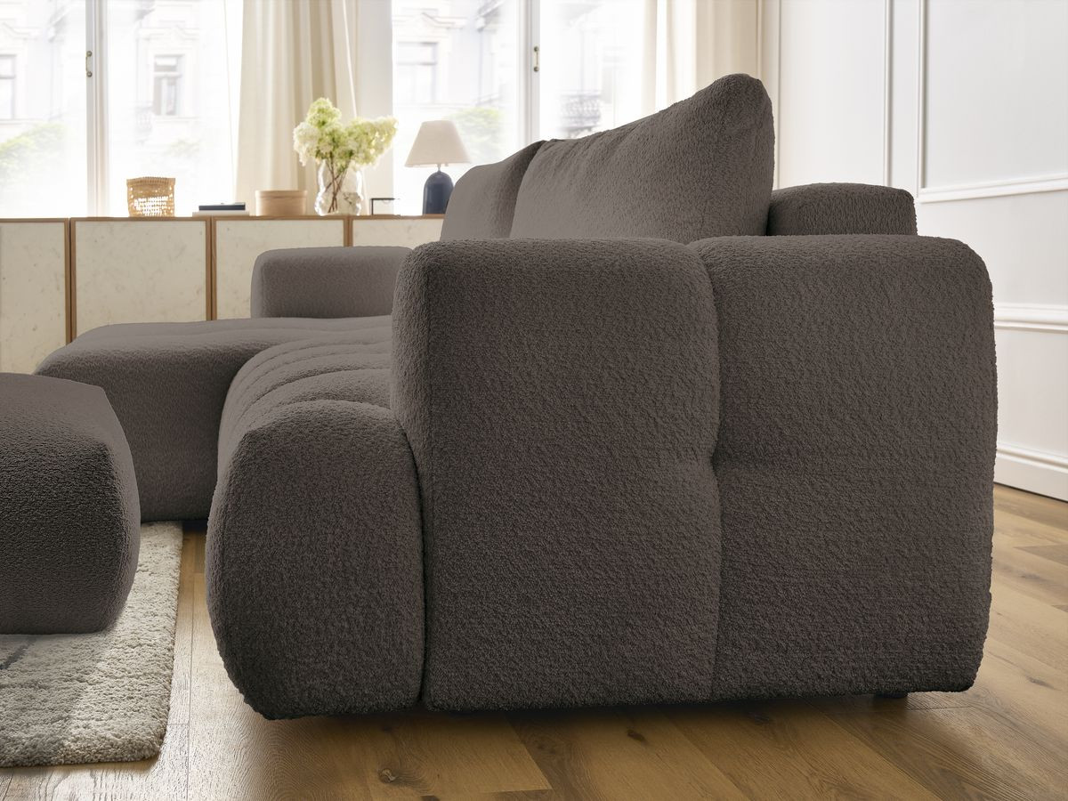 Bobochic Fuji Ecksofa mit Schlaffunktion und Bettkasten und Pouf 292 × 160 cm Bouclé-Stoff Braun Ecke links