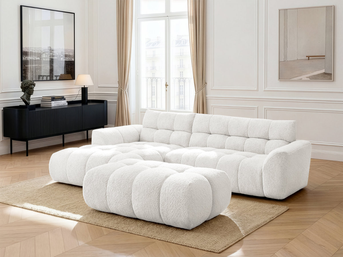 Bobochic Jaya Ecksofa mit Pouf Chenille Weiß Ecke links