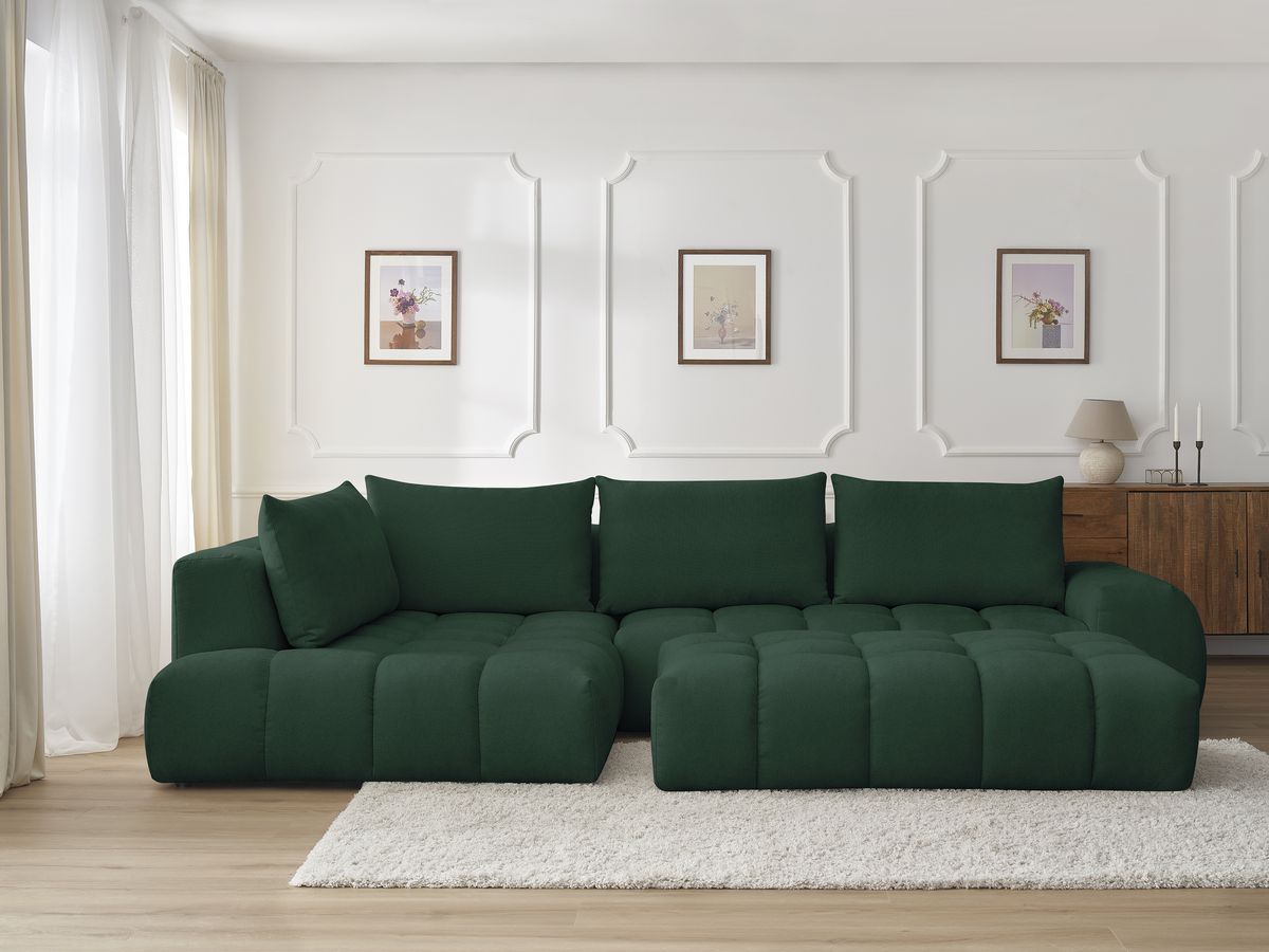 Bobochic Everest Ecksofa mit Schlaffunktion und Pouf, 4 Kissen Strukturstoff Grün Ecke links