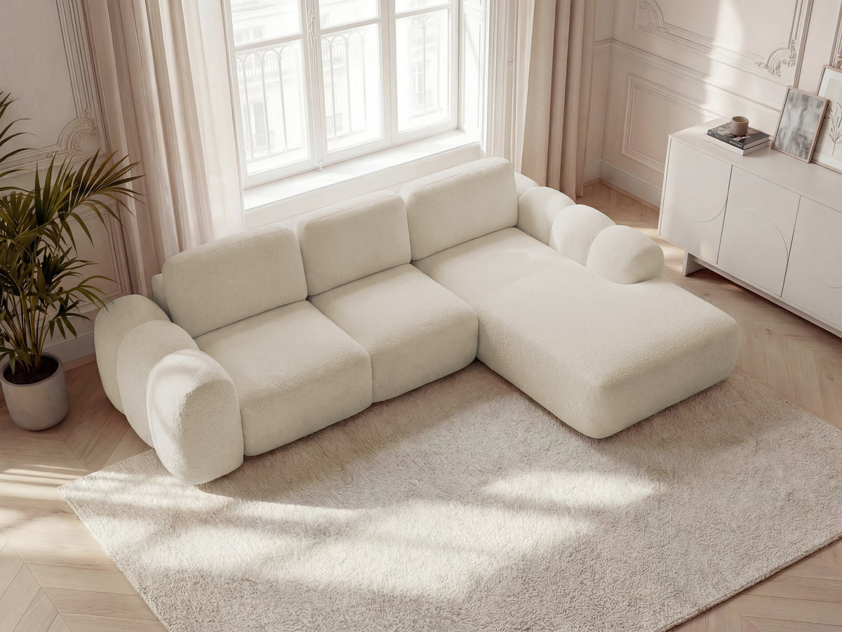 Bobochic Montaigne Ecksofa mit Schlaffunktion und Bettkasten 288 × 196 cm Bouclé-Stoff Beige Ecke rechts